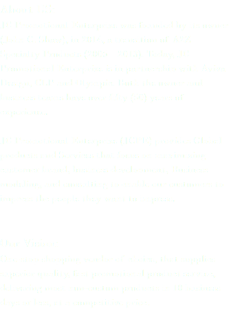 About US: JC Promotional Enterprize was founded by its owner (John C. Shaw), in 2014, a transition of A2Z Specialty Products (2006 – 2013). Today, JC Promotional Enterprize is in partnership with Aviva Design, CLP and Olympic. Both the owner and business teams have over fifty (50) years of experience. JC Promotional Enterprize (JCPE) provides Global products and Services that focus on maximizing customer brand, business development, Business modeling, and consulting to enable our customers to impress the people they want to impress. Our Vision: One-stop shopping vendor of choice, that supplies superior quality, fast promotional product service, delivering most non-custom products in 10 business days or less, at a competitive price. 