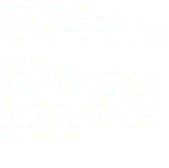 Our Mission Statement: Our customers are our most valuable asset. We guarantee 100% customer satisfaction, the first time, every time; through our end-to-end quality processes. Service Area: JC Promotional Enterprize provides Global Products and services to both Federal and State Government & Commercial channels. We service schools, churches, corporations (emerging, small, medium, and large), clubs, sororities, fraternities, sports, social groups (NAACP, BLKC, Chambers of Commerce, 100 BM/Women, and many others. 